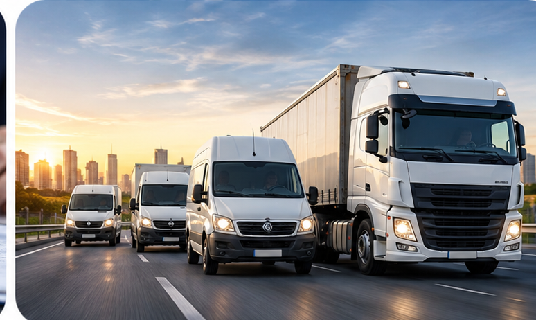 Company trucks and vans driving on a highway at sunset